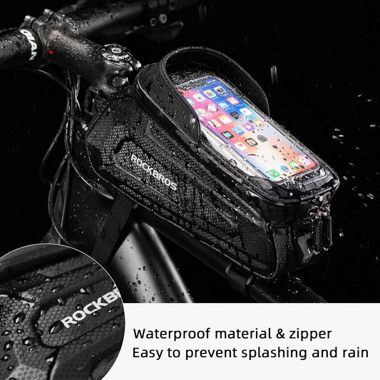 Bike Phone Bag Waterproof EVA Hard Shell Water-Resistant | Water-Resistant Zips,6.8" TPU Touch Screen,Large Storage Dual Pockets,Heat Vents Earphone Hole & Reflectors