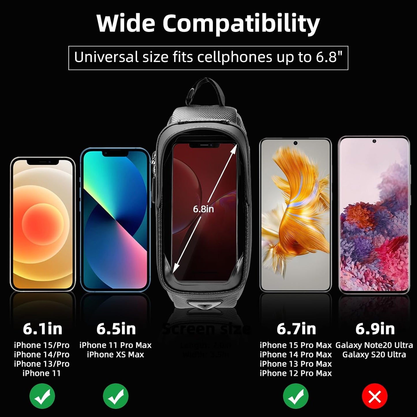 Bike Phone Bag Waterproof EVA Hard Shell Water-Resistant | Water-Resistant Zips,6.8" TPU Touch Screen,Large Storage Dual Pockets,Heat Vents Earphone Hole & Reflectors