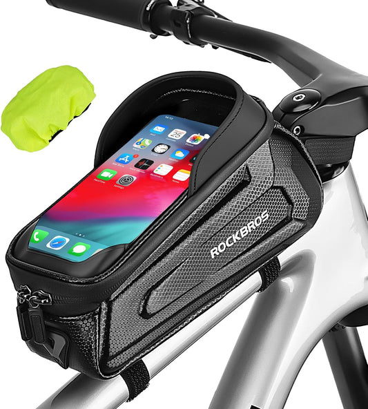 Bike Phone Bag Waterproof EVA Hard Shell Water-Resistant | Water-Resistant Zips,6.8" TPU Touch Screen,Large Storage Dual Pockets,Heat Vents Earphone Hole & Reflectors