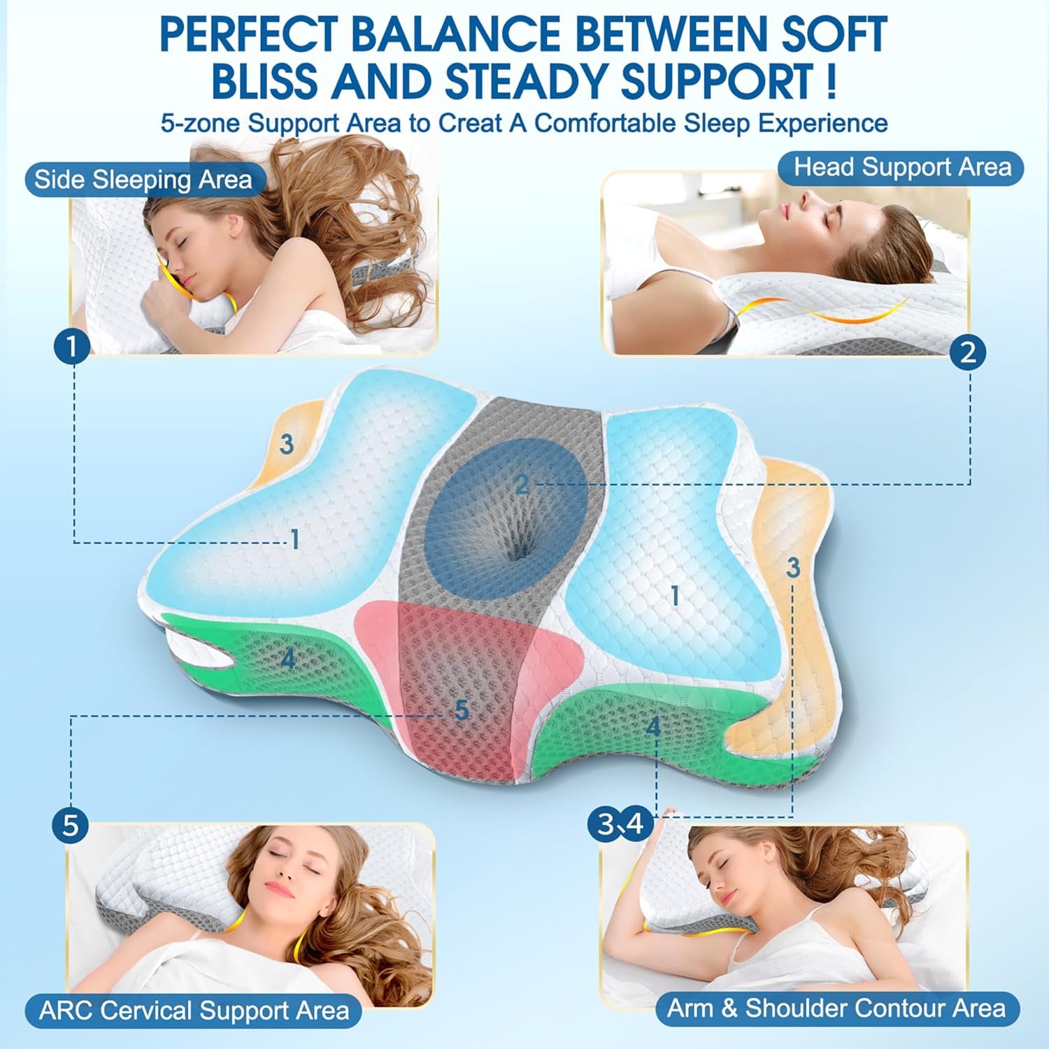 Memory Foam Pillows, Cervical Pillow for Neck and Shoulder Pain Relief, Ergonomic Contour Bed Pillow, Soft for Side Sleep Stomach Sleeping and Back Sleeper-Queen Size&Grey