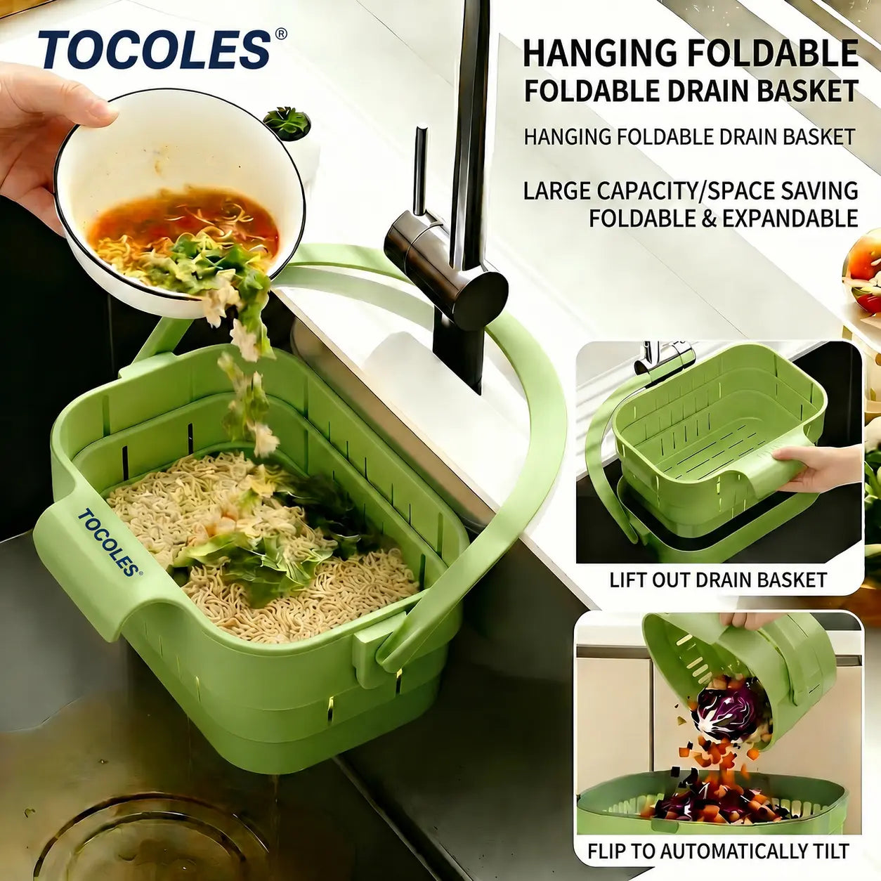 AA Foldable Hanging Kitchen Sink Drain Basket, Stainless Steel Kitchen Accessories - Hands-Free Hygienic Design, High-Efficiency Anti-Clog System, Tool-Free Installation, Slim Space-Saving, Easy-Clean, Low-Maintenance Strainer Kitchenware