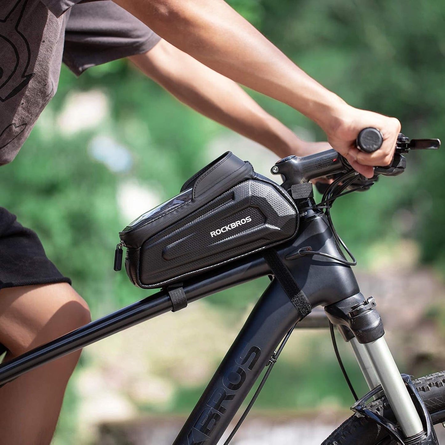 Bike Phone Bag Waterproof EVA Hard Shell Water-Resistant | Water-Resistant Zips,6.8" TPU Touch Screen,Large Storage Dual Pockets,Heat Vents Earphone Hole & Reflectors