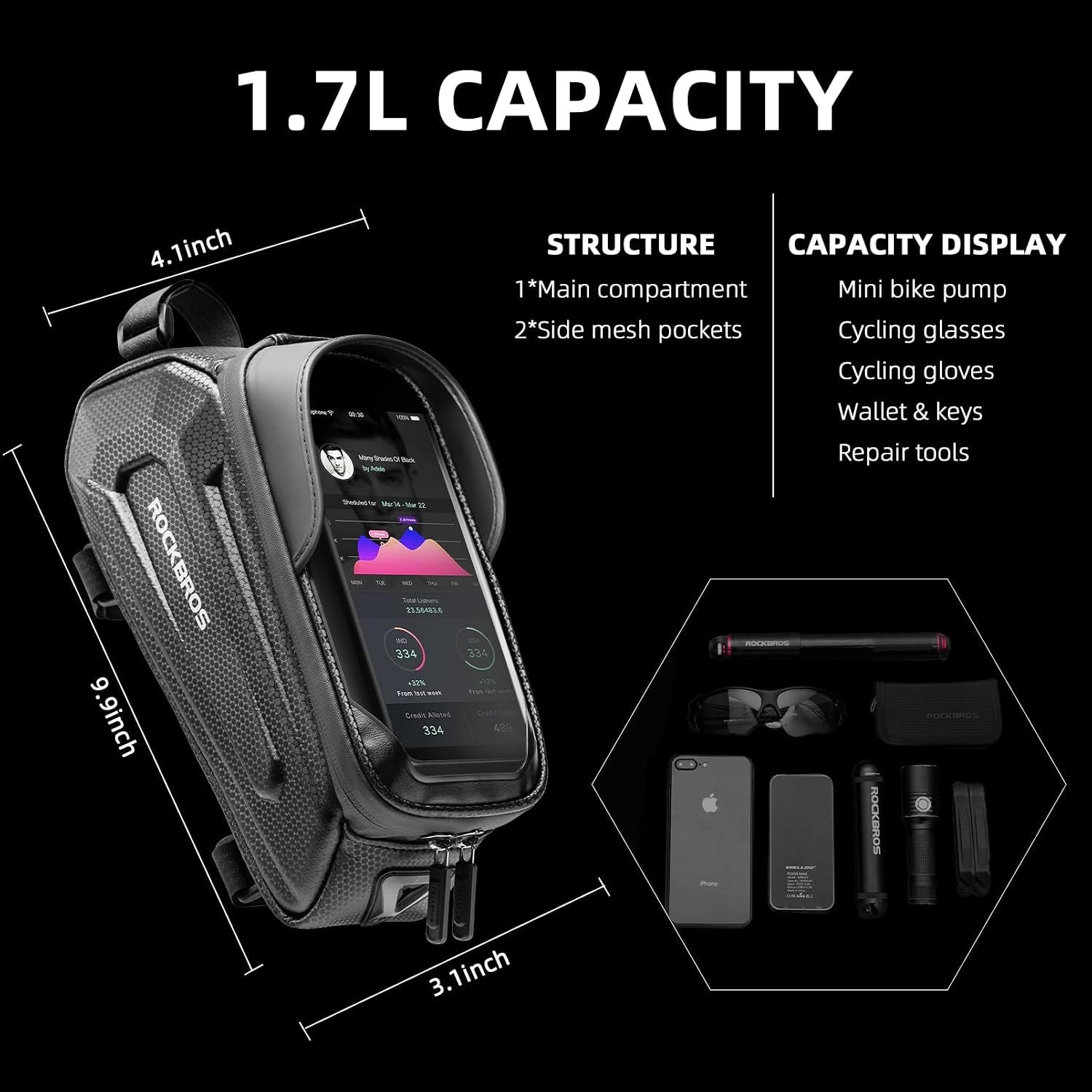 Bike Phone Bag Waterproof EVA Hard Shell Water-Resistant | Water-Resistant Zips,6.8" TPU Touch Screen,Large Storage Dual Pockets,Heat Vents Earphone Hole & Reflectors