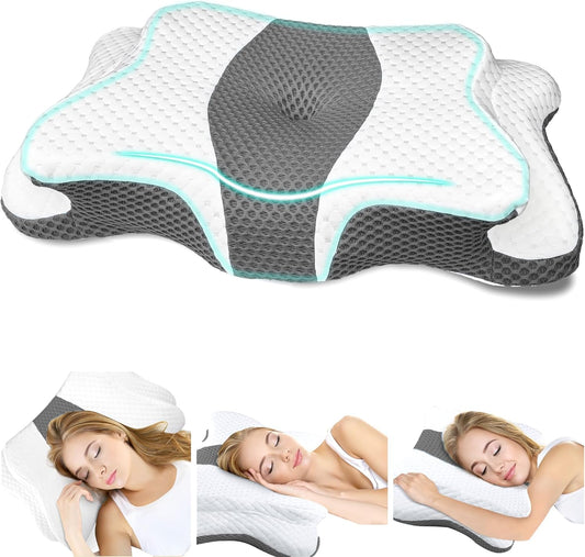 Memory Foam Pillows, Cervical Pillow for Neck and Shoulder Pain Relief, Ergonomic Contour Bed Pillow, Soft for Side Sleep Stomach Sleeping and Back Sleeper-Queen Size&Grey